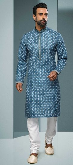 Blue color Kurta Pyjamas in Cotton fabric with Mirror, Printed, Thread work