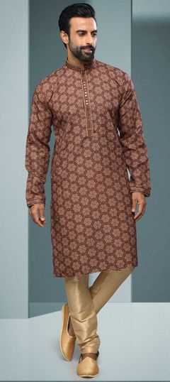 Beige and Brown color Kurta Pyjamas in Cotton fabric with Mirror, Printed, Thread work