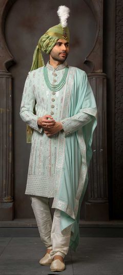 Green color Sherwani in Georgette fabric with Embroidered, Thread work