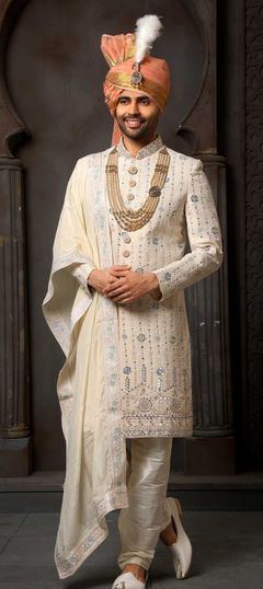 Beige and Brown color Sherwani in Georgette fabric with Embroidered, Thread work