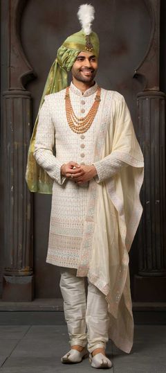 Beige and Brown color Sherwani in Georgette fabric with Embroidered, Thread work