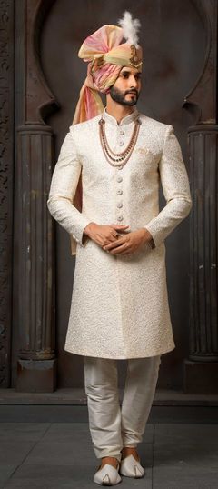 Beige and Brown color Sherwani in Art Silk fabric with Embroidered, Thread work