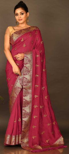 Pink and Majenta color Saree in Art Silk, Silk fabric with Embroidered, Stone, Thread, Weaving, Zari work