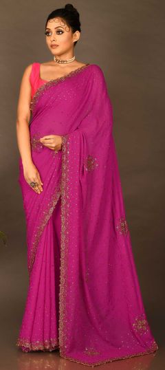 Pink and Majenta color Saree in Art Silk, Silk fabric with Cut Dana, Stone work