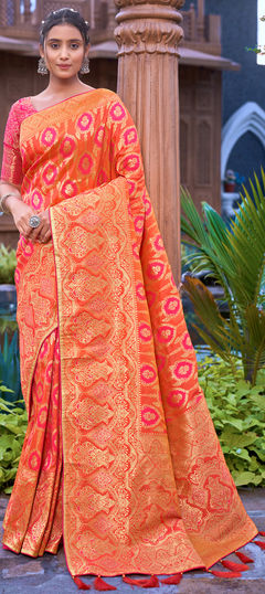 Orange color Saree in Banarasi Silk, Silk fabric with Weaving work