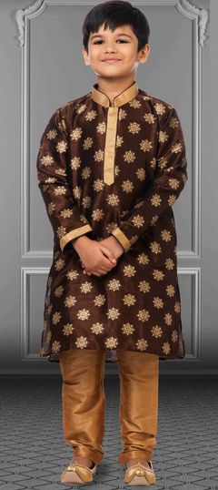 Beige and Brown color Boys Kurta Pyjama in Art Silk fabric with Printed, Thread work : 1824839