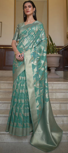 Blue color Saree in Organza Silk, Silk fabric with Weaving work