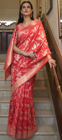 Red and Maroon color Saree in Organza Silk, Silk fabric with Weaving work