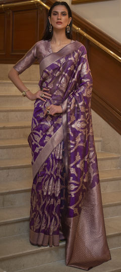 Purple and Violet color Saree in Organza Silk, Silk fabric with Weaving work