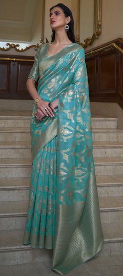 Blue color Saree in Organza Silk, Silk fabric with Weaving work