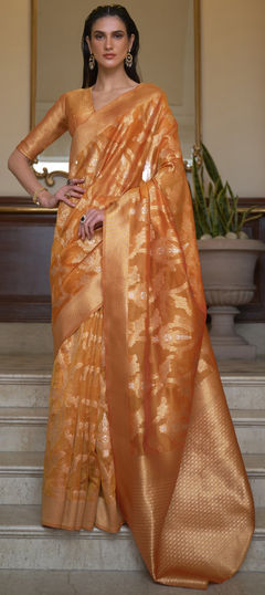 Orange color Saree in Organza Silk, Silk fabric with Weaving work
