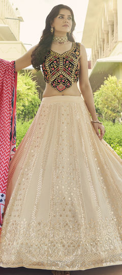 Beige and Brown color Lehenga in Georgette fabric with Embroidered, Sequence, Thread work