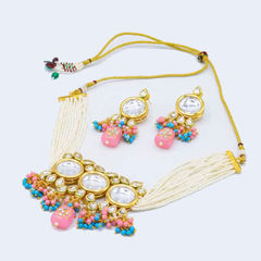 Gold Rodium Polish Multicolor color Necklace in Metal Alloy studded with Kundan