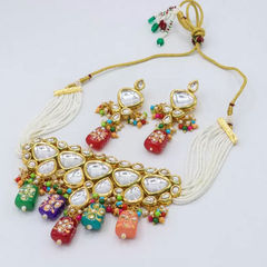 Gold Rodium Polish Multicolor color Necklace in Metal Alloy studded with Kundan