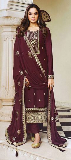 Pink and Majenta color Salwar Kameez in Art Silk fabric with Embroidered, Thread, Zari work