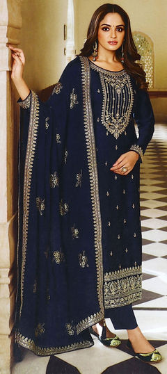 Blue color Salwar Kameez in Art Silk fabric with Embroidered, Thread, Zari work