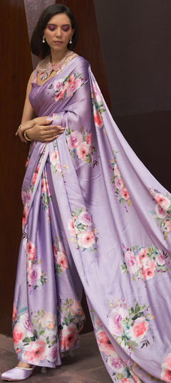 Purple and Violet color Saree in Crepe Silk, Silk fabric with Floral, Printed work