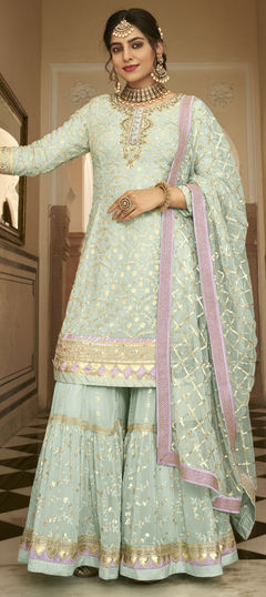 Green color Salwar Kameez in Georgette fabric with Bugle Beads, Sequence, Stone, Thread, Zardozi work