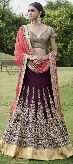 Purple and Violet color Lehenga in Bhagalpuri fabric with Border, Embroidered, Thread, Zari work