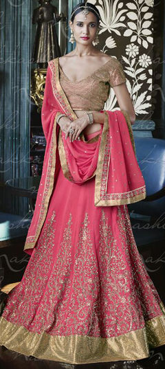 Pink and Majenta color Lehenga in Faux Georgette fabric with Border, Embroidered, Thread, Zari work