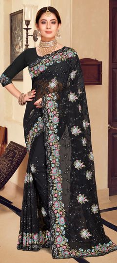 Black and Grey color Saree in Georgette fabric with Embroidered, Mirror, Resham, Stone, Thread work