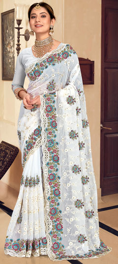 White and Off White color Saree in Georgette fabric with Embroidered, Mirror, Resham, Stone, Thread work