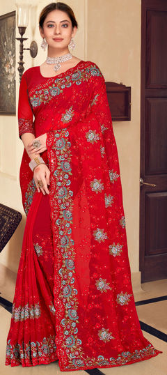 Red and Maroon color Saree in Georgette fabric with Embroidered, Mirror, Resham, Stone, Thread work