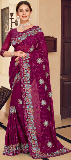 Purple and Violet color Saree in Georgette fabric with Embroidered, Mirror, Resham, Stone, Thread work