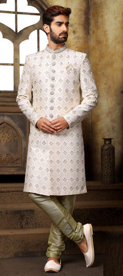 Green, White and Off White color IndoWestern Dress in Banarasi Silk fabric with Embroidered, Thread work