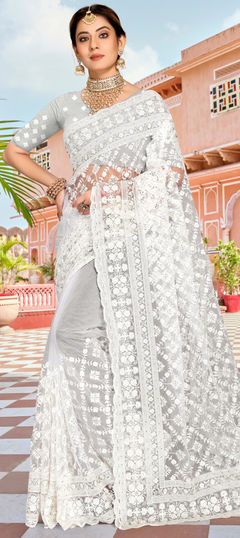 White and Off White color Saree in Net fabric with Embroidered, Moti, Resham, Stone, Thread work