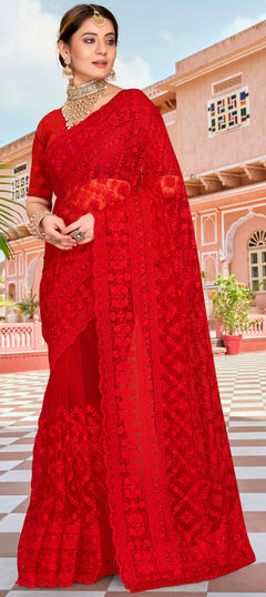 Red and Maroon color Saree in Net fabric with Embroidered, Moti, Resham, Stone, Thread work