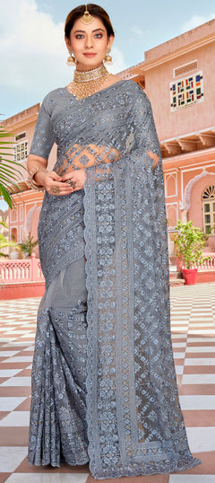 Black and Grey color Saree in Net fabric with Embroidered, Moti, Resham, Stone, Thread work