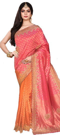 Orange, Pink and Majenta color Saree in Kanchipuram Silk, Silk fabric with Bugle Beads, Cut Dana, Weaving work