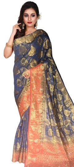 Blue color Saree in Kanchipuram Silk, Silk fabric with Cut Dana, Stone, Weaving work