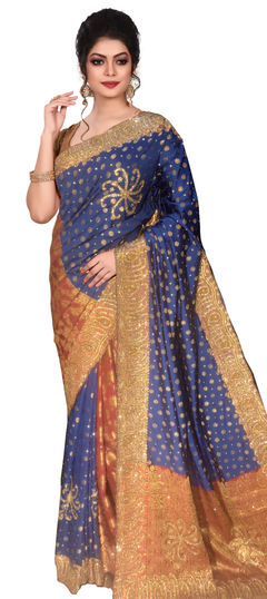 Blue, Red and Maroon color Saree in Kanchipuram Silk, Silk fabric with Cut Dana, Stone, Weaving work