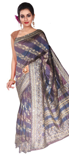 Blue, Purple and Violet color Saree in Kanchipuram Silk, Silk fabric with Cut Dana, Stone, Weaving work