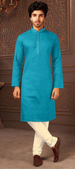 Blue color Kurta Pyjamas in Cotton fabric with Embroidered, Thread, Zari work : 1826057