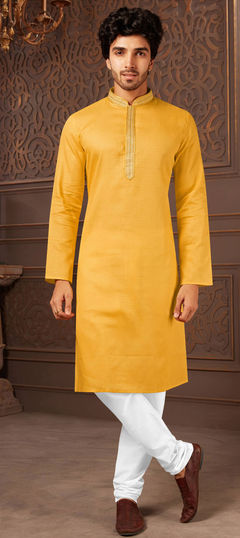 Yellow color Kurta Pyjamas in Cotton fabric with Embroidered, Thread, Zari work : 1826058