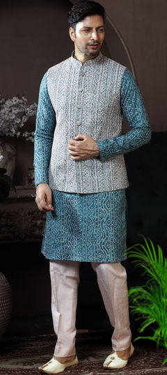 Blue color Kurta Pyjama with Jacket in Art Silk fabric with Bandhej, Embroidered work