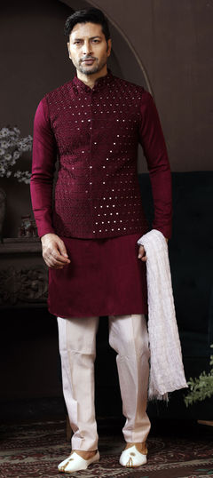 Red and Maroon color Kurta Pyjama with Jacket in Art Silk fabric with Embroidered, Thread work