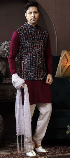 Red and Maroon color Kurta Pyjama with Jacket in Art Silk fabric with Embroidered, Thread work