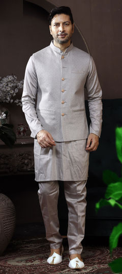 Black and Grey color Kurta Pyjama with Jacket in Art Silk fabric with Sequence, Thread work