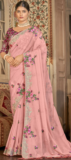 Pink and Majenta color Saree in Organza Silk, Silk fabric with Border, Thread, Zari work