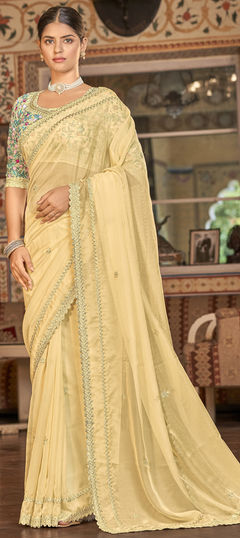 Yellow color Saree in Organza Silk, Silk fabric with Border, Thread, Zari work