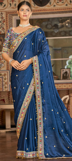 Blue color Saree in Organza Silk, Silk fabric with Border, Thread, Zari work