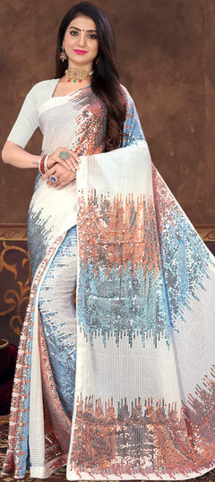 Festive, Party Wear White and Off White color Saree in Georgette fabric with Classic Sequence, Thread work : 1826532