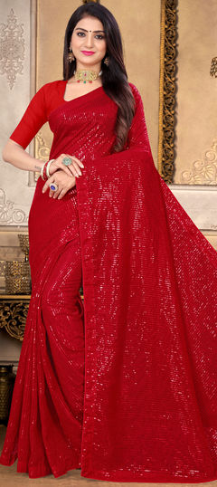 Festive, Party Wear Red and Maroon color Saree in Georgette fabric with Classic Sequence, Thread work : 1826539