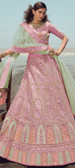 Pink and Majenta color Lehenga in Organza Silk, Silk fabric with Embroidered, Thread, Zari, Zircon work