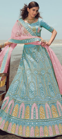 Blue color Lehenga in Organza Silk fabric with Embroidered, Thread, Zari, Zircon work