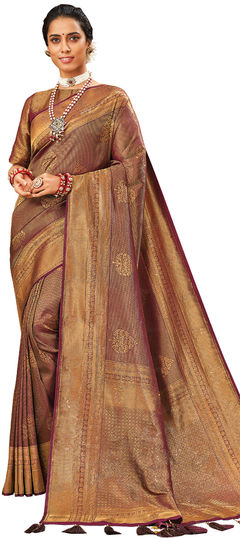 Purple and Violet color Saree in Brocade fabric with Stone, Weaving work